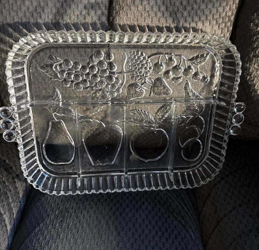 Vintage Clear Glass Fruit Motif Divided Serving Tray